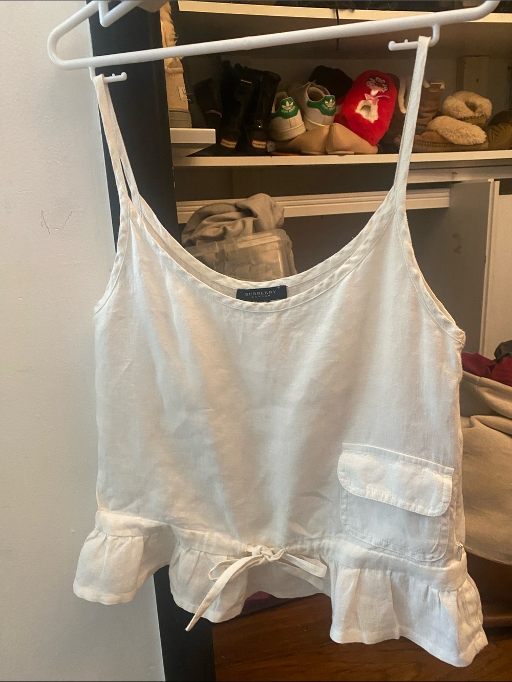 Burberry White Linen Ruffle-Hem Camisole with Pocket